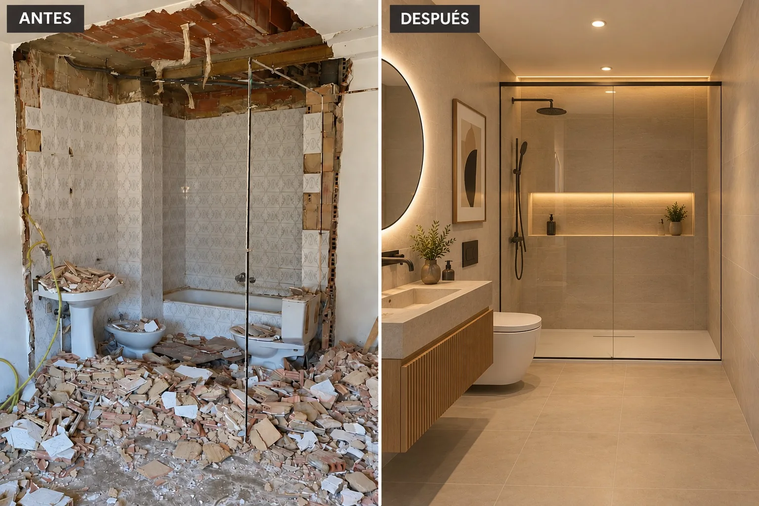 Baño renovado comparado con el espacio original